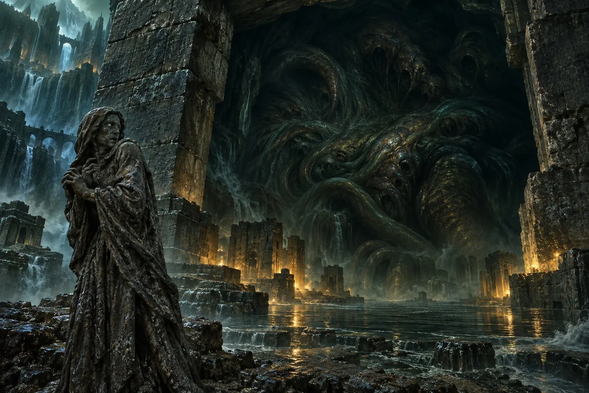 A petrified observer before the shadow beneath Yaddith-Gho.