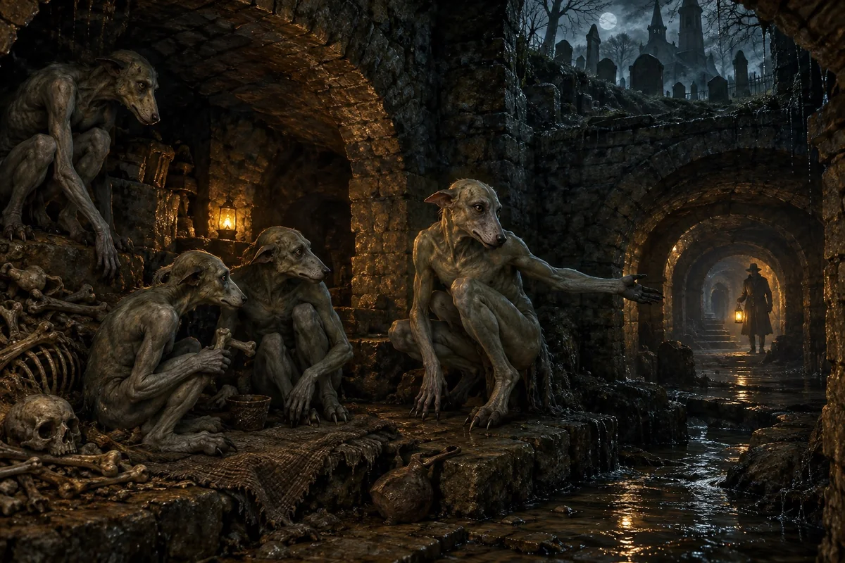 A ghoul community in passages beneath an old burial ground.