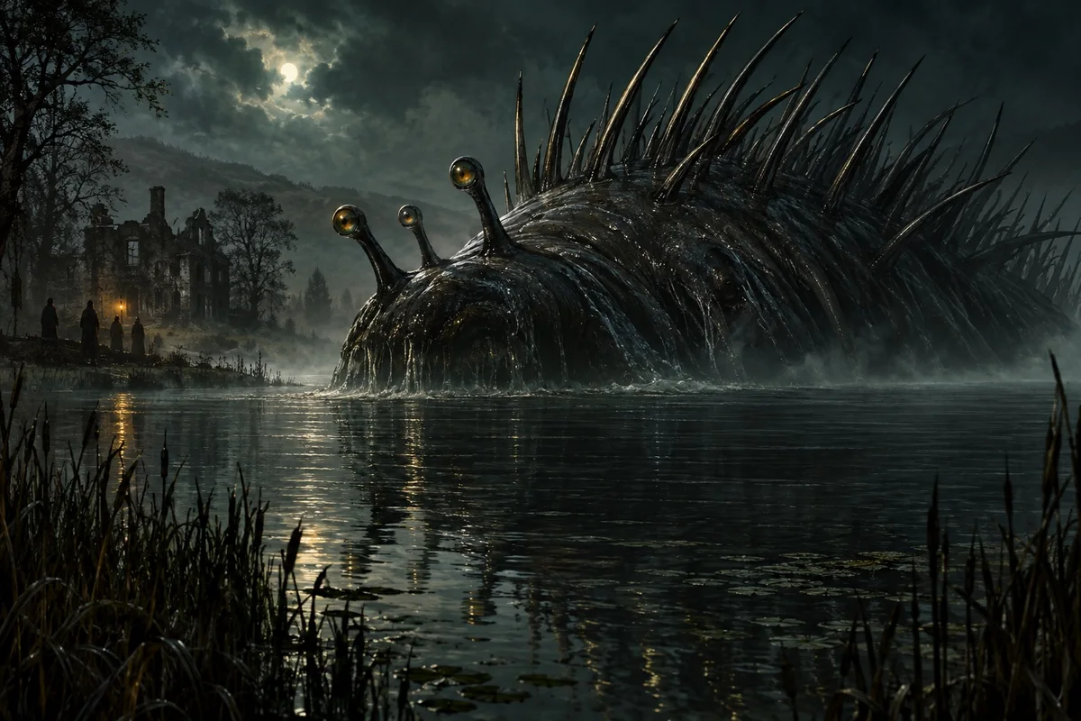 A spined lake entity rises among reeds beside an English shore.