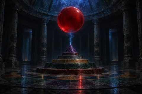 A featureless red sphere hovers above a purple cone amid blue smoke in an imagined alien sanctuary.