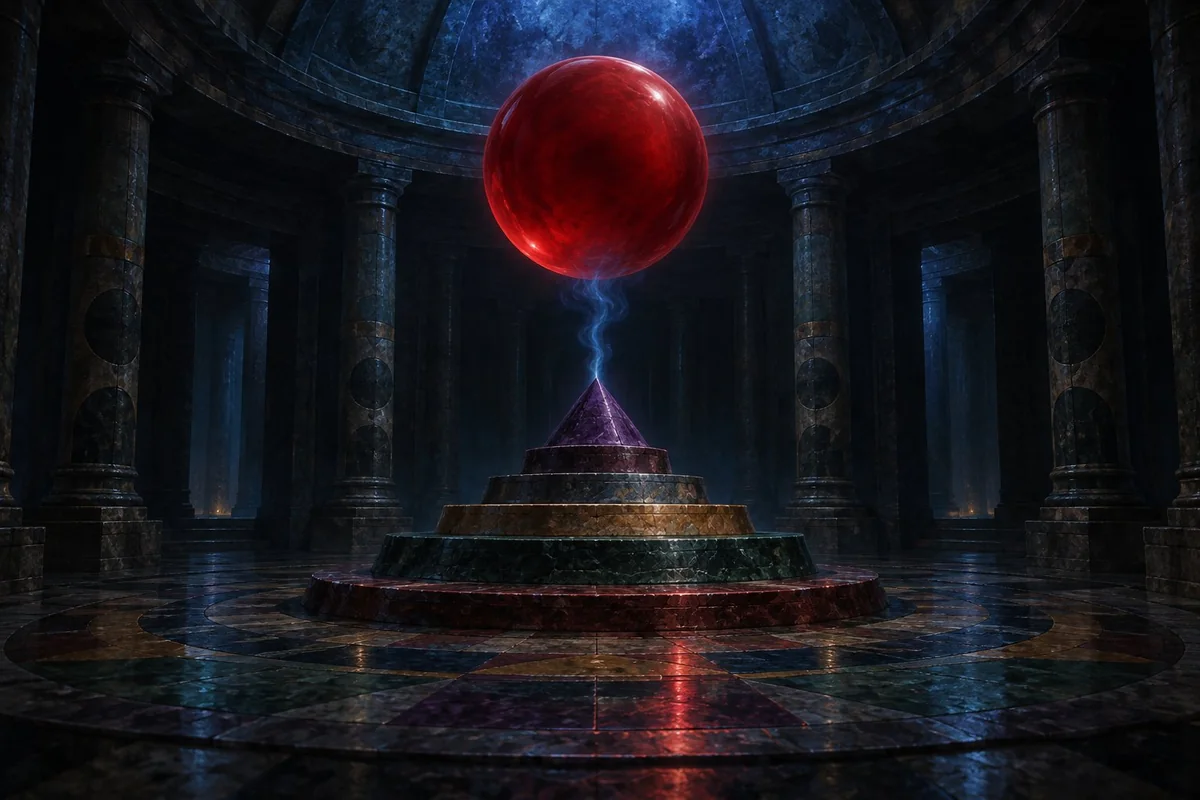 A featureless red sphere hovers above a purple cone amid blue smoke in an imagined alien sanctuary.