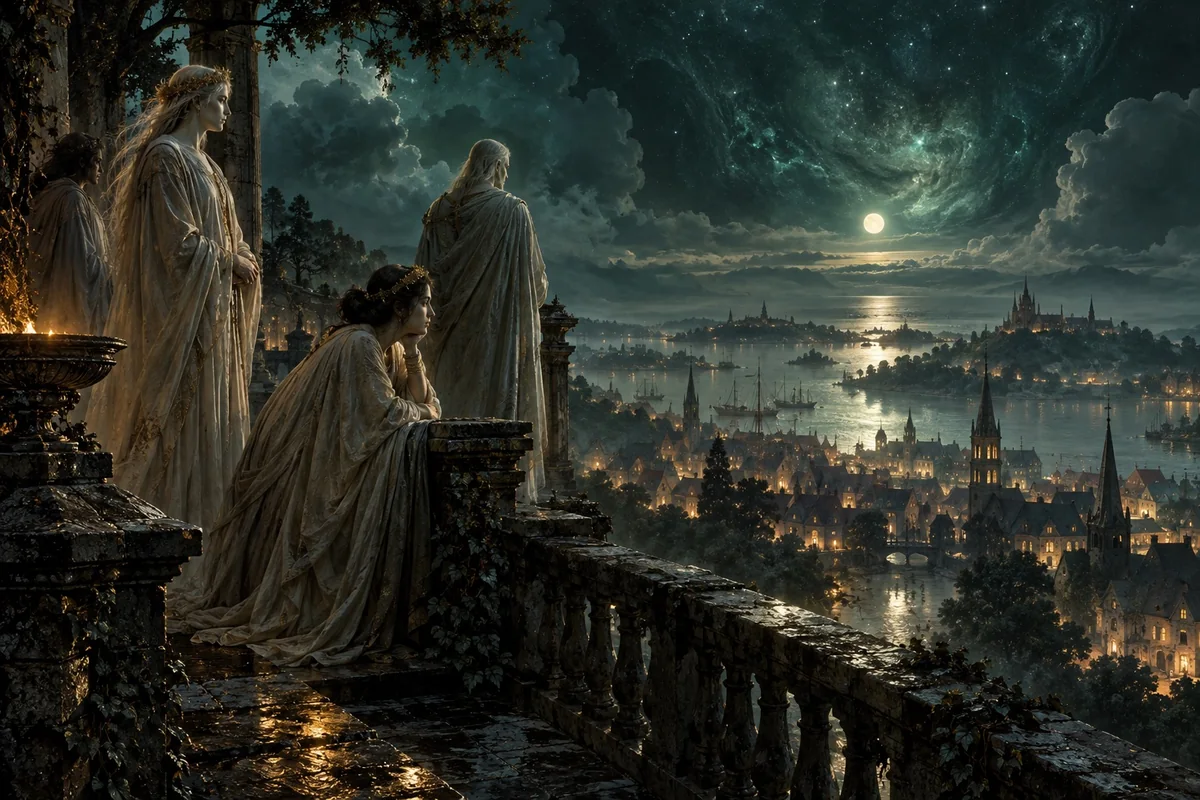 Earth’s Dreamlands gods contemplate a luminous remembered city.