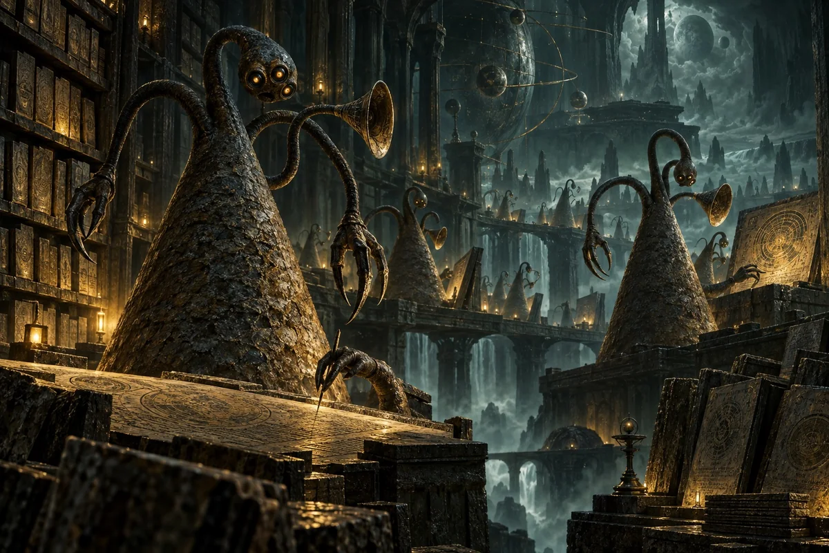 Conical Yithian hosts researching in an immense prehistoric archive.
