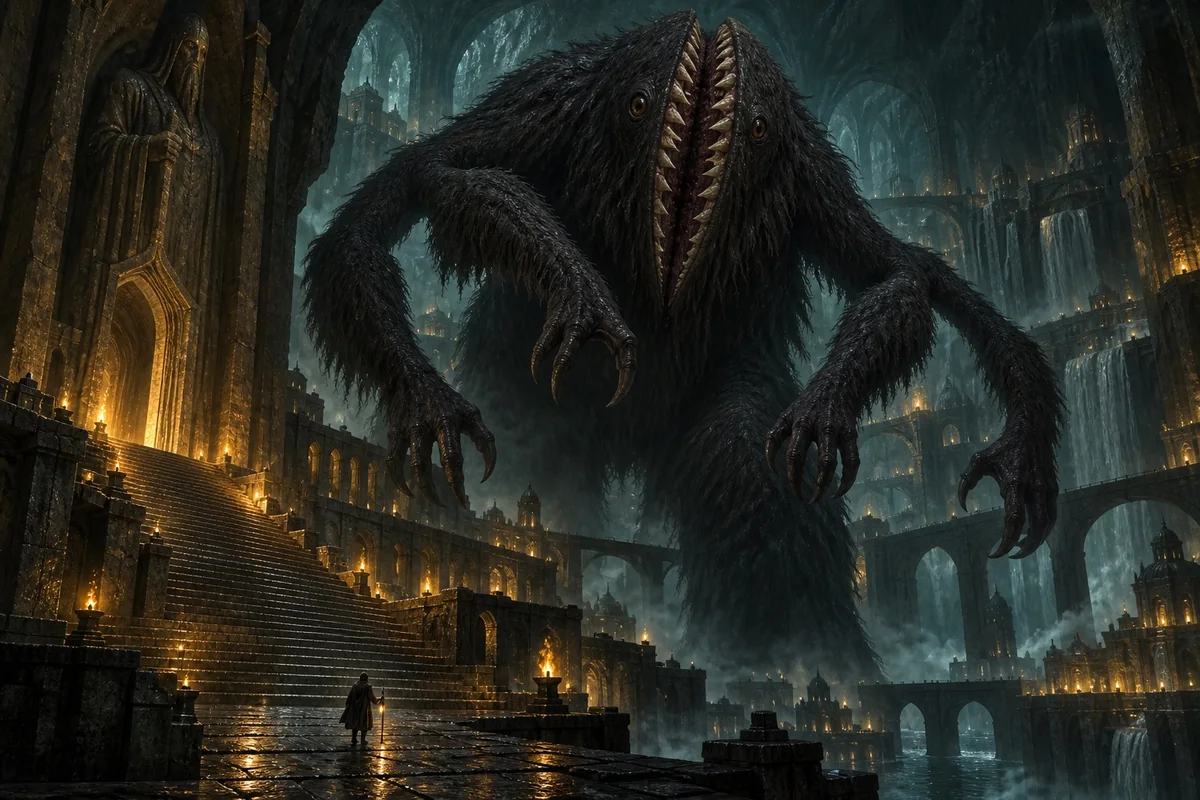 A gigantic Gug stands among stairways built for its enormous body.