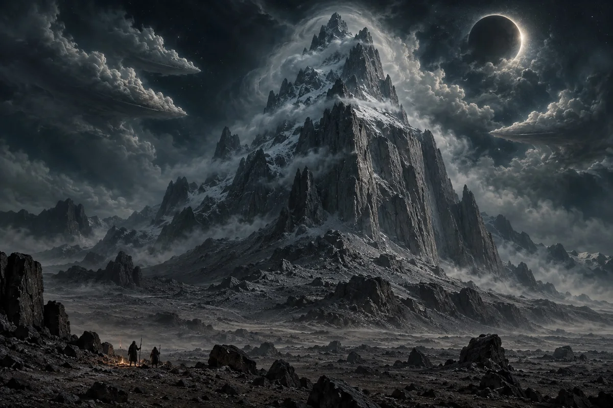 A colossal snowy granite mountain rises from a stony desert beneath swirling cloud banks and a darkened moon; two small travelers stand below.