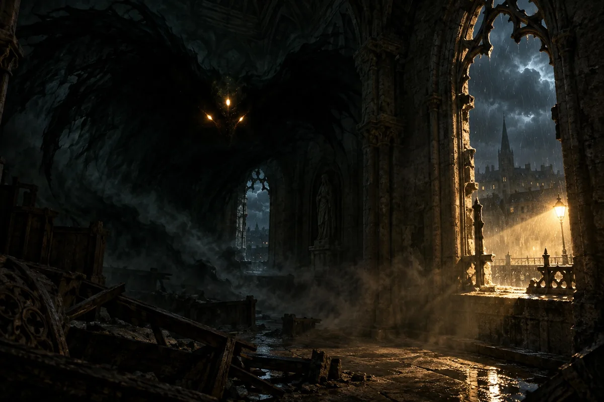 A shadowed manifestation gathers inside the deserted Starry Wisdom church.