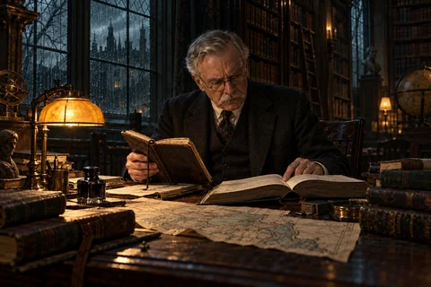 Henry Armitage comparing manuscripts by lamplight at Miskatonic.