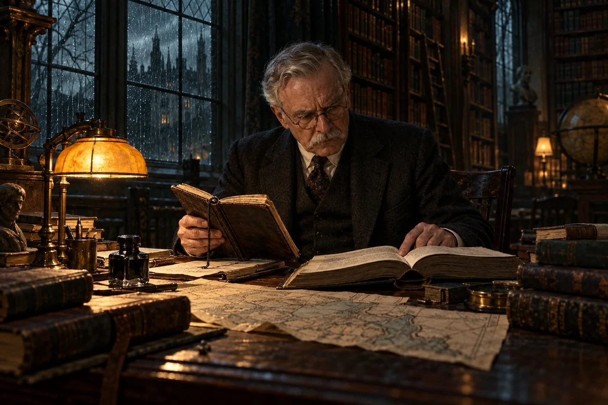 Henry Armitage comparing manuscripts by lamplight at Miskatonic.