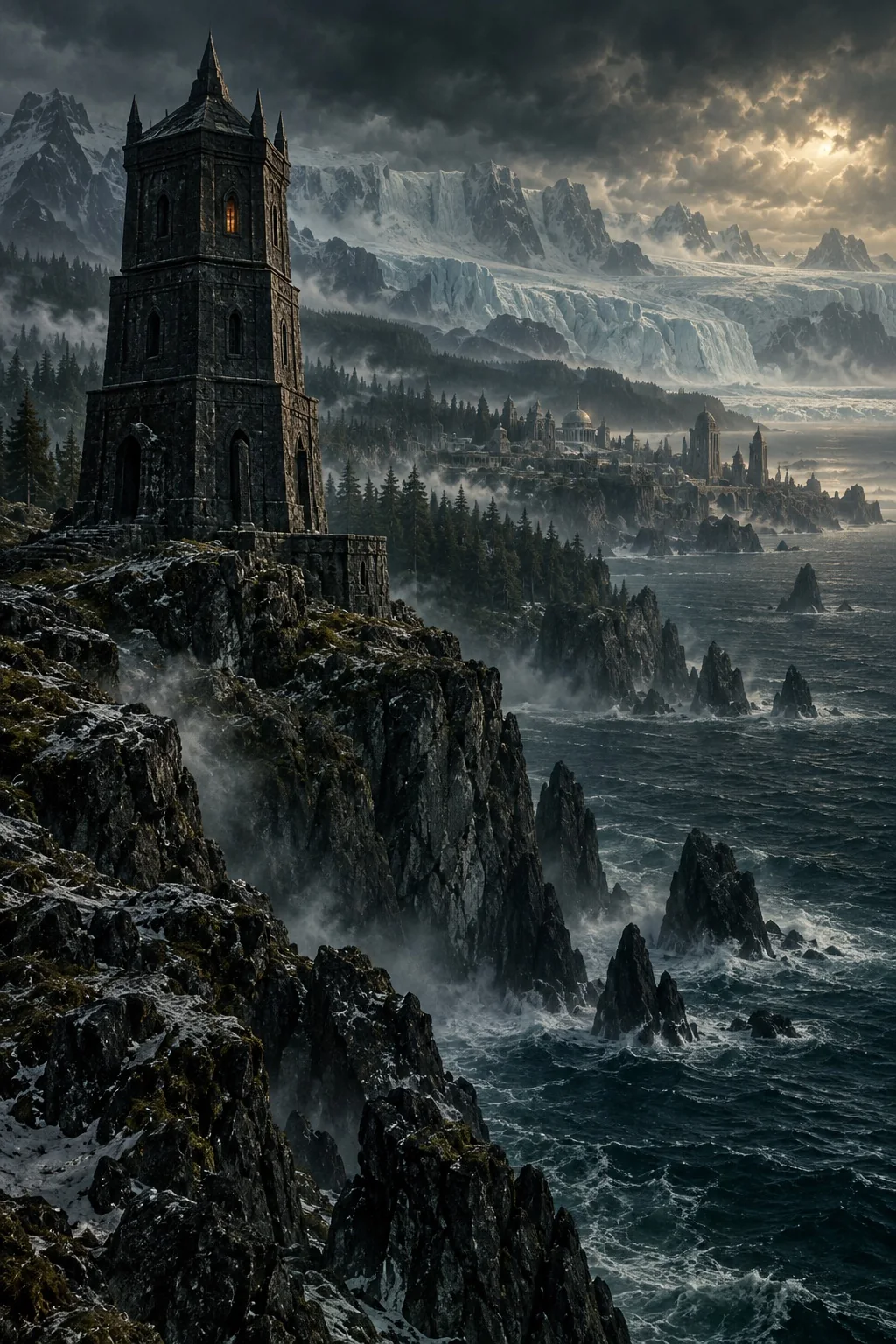 A dark sorcerer's tower overlooks a northern sea beneath distant glaciers; an imagined scene of Hyperborea.
