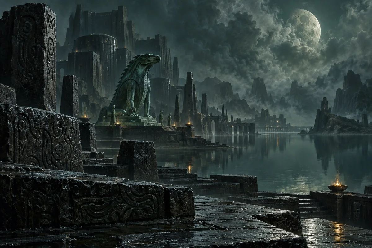 An ancient grey-stone city stands beside a still lake, its inhabitants gathering before a sea-green water-lizard idol under a gibbous moon.