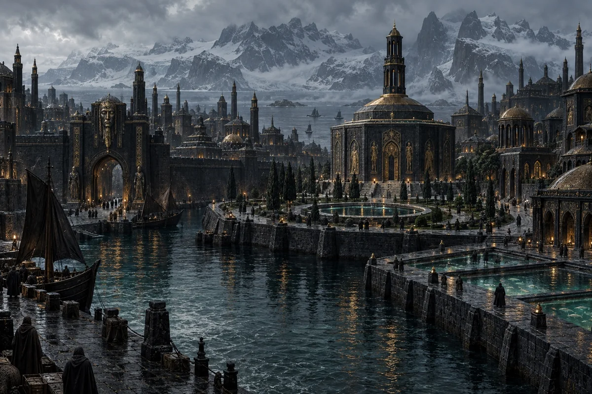 The black onyx and gold city of Inganok gathers around its many-sided temple.
