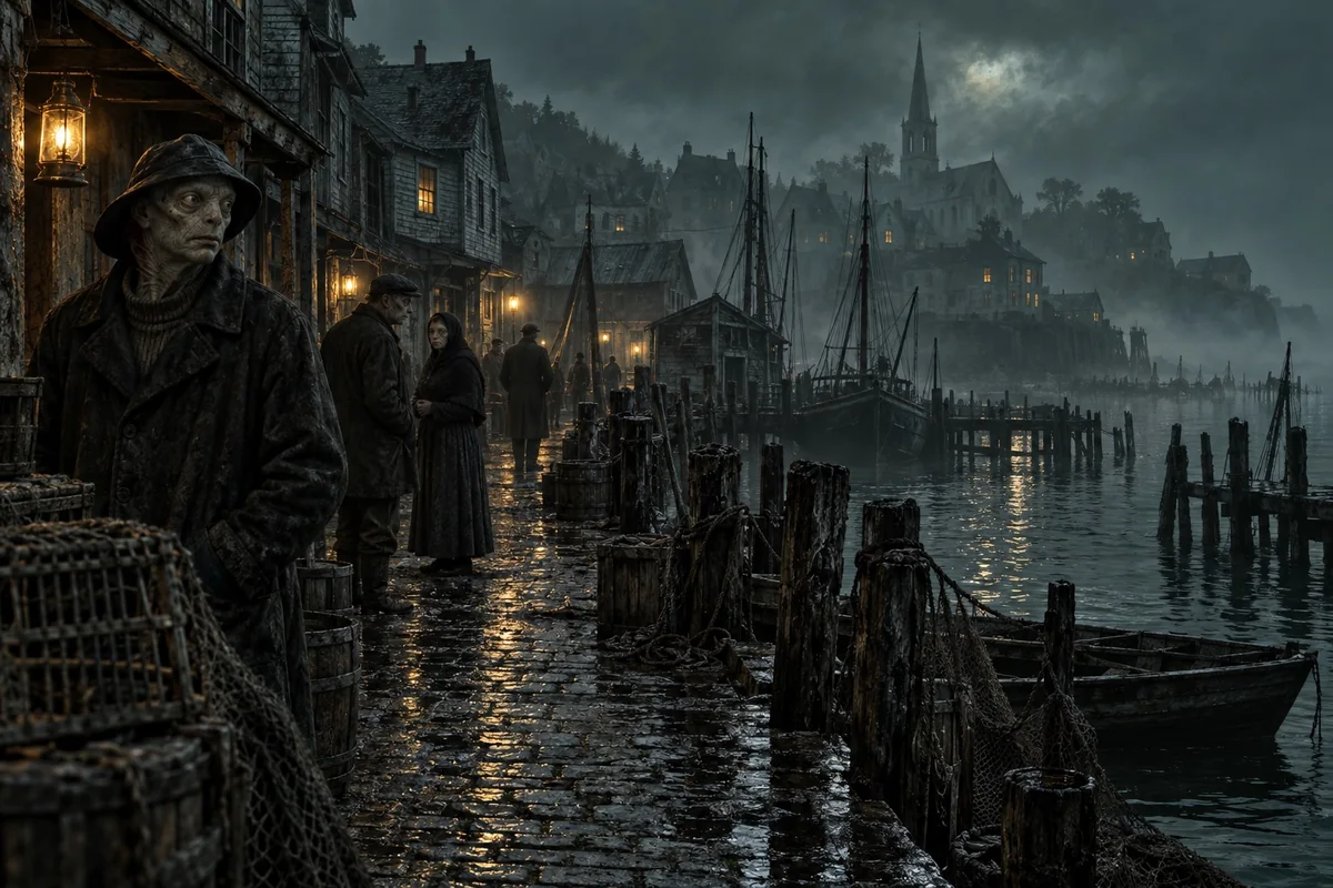 A decaying coastal town recedes into sea mist and cold darkness.