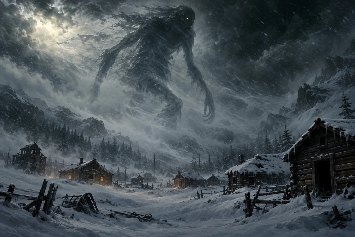 The immense Wind-Walker looms through a northern blizzard.