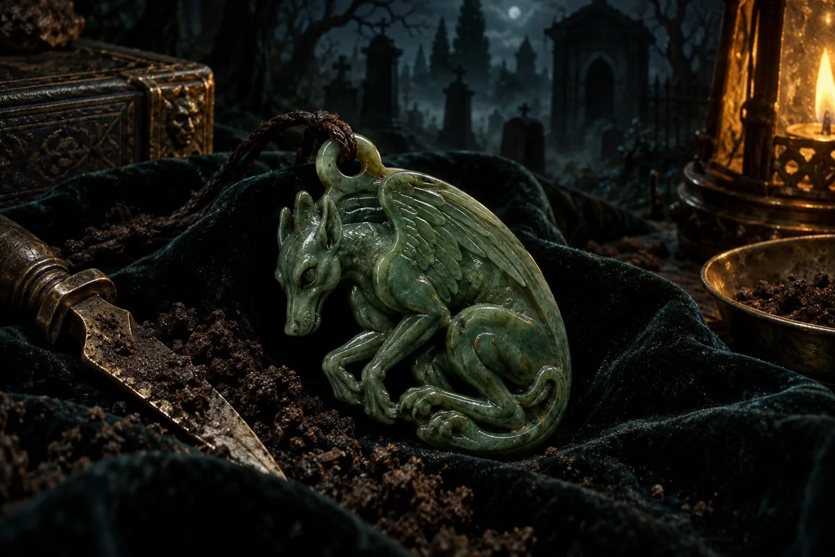 A stolen green jade amulet lies beside an opened grave.