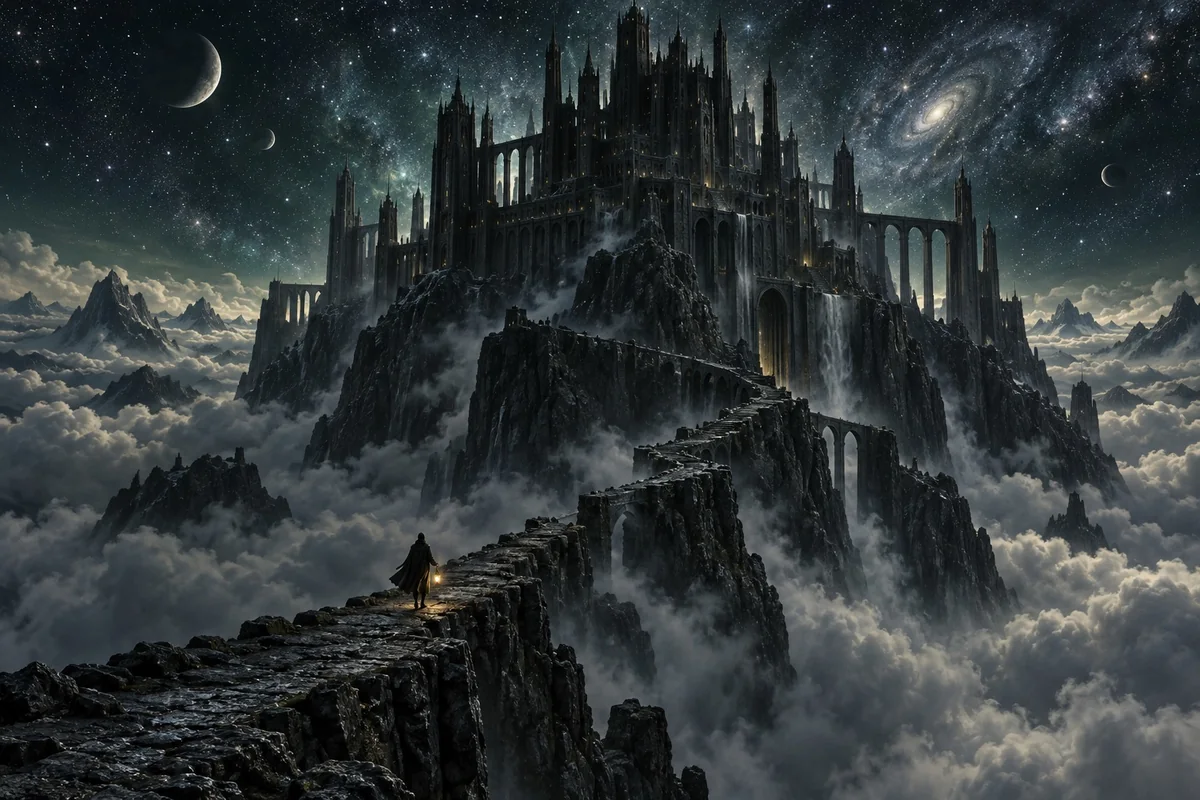 Remote dream architecture rises above a vast, mist-filled landscape.