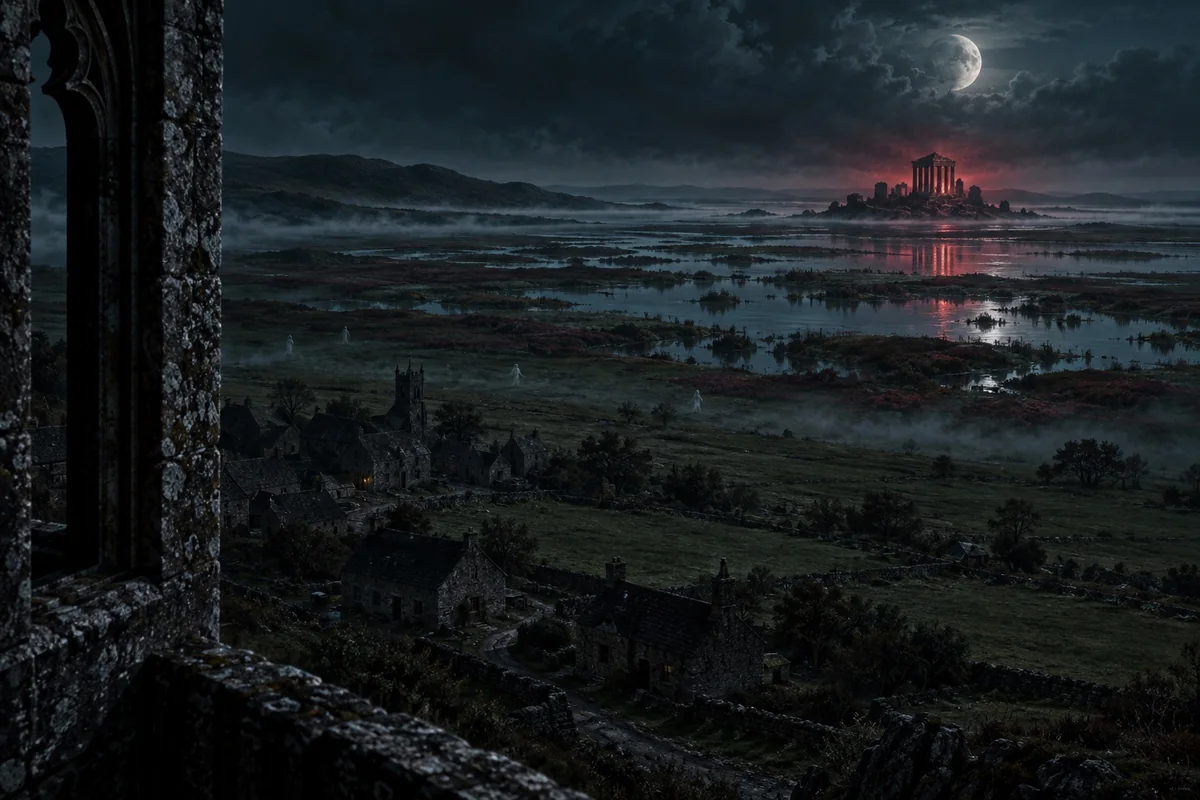 A dark Irish castle overlooks a moonlit bog and a distant island ruin glowing faintly red.