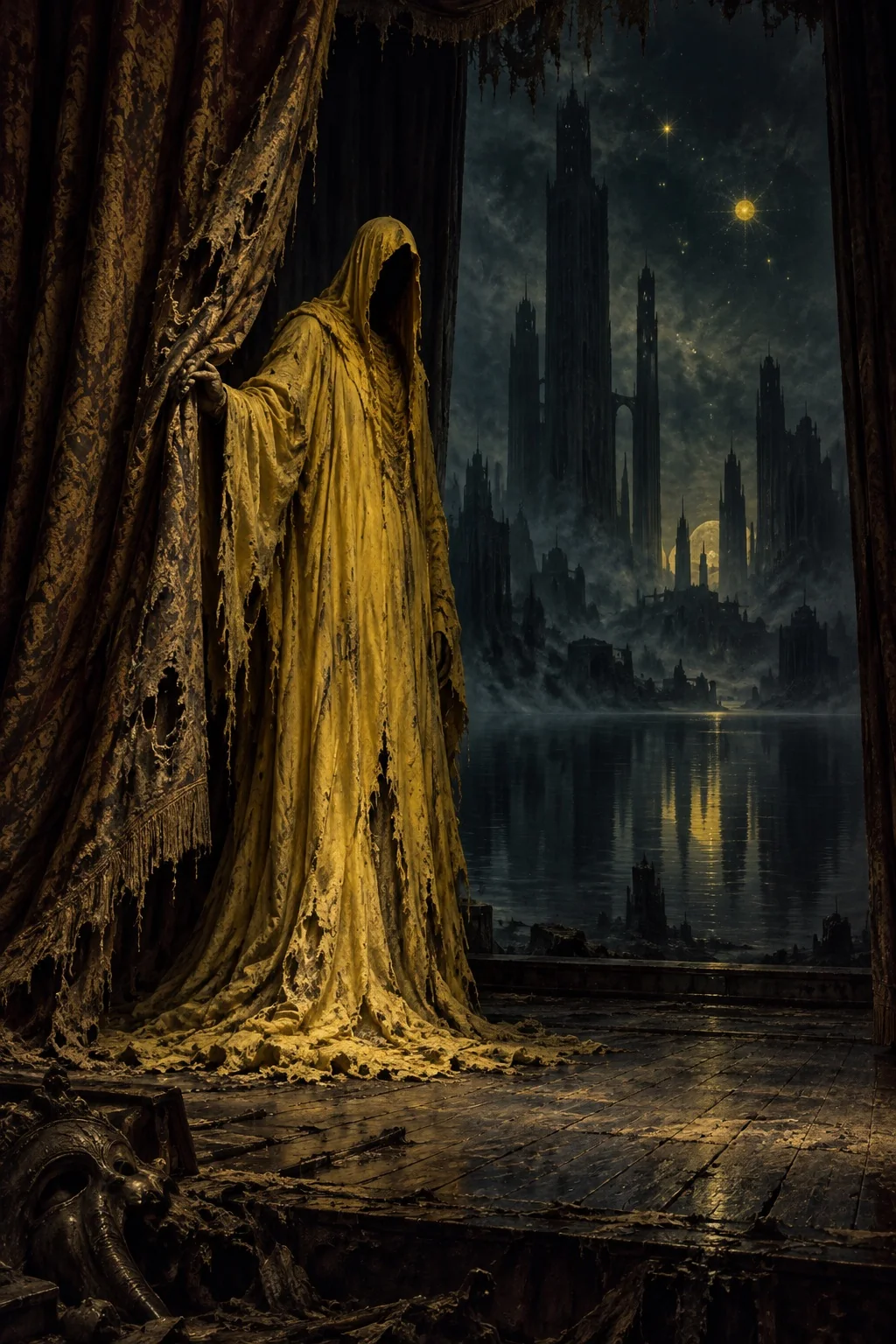 A figure in tattered yellow robes stands at a decaying theater curtain, with a shadowed lake and imagined towers beyond.