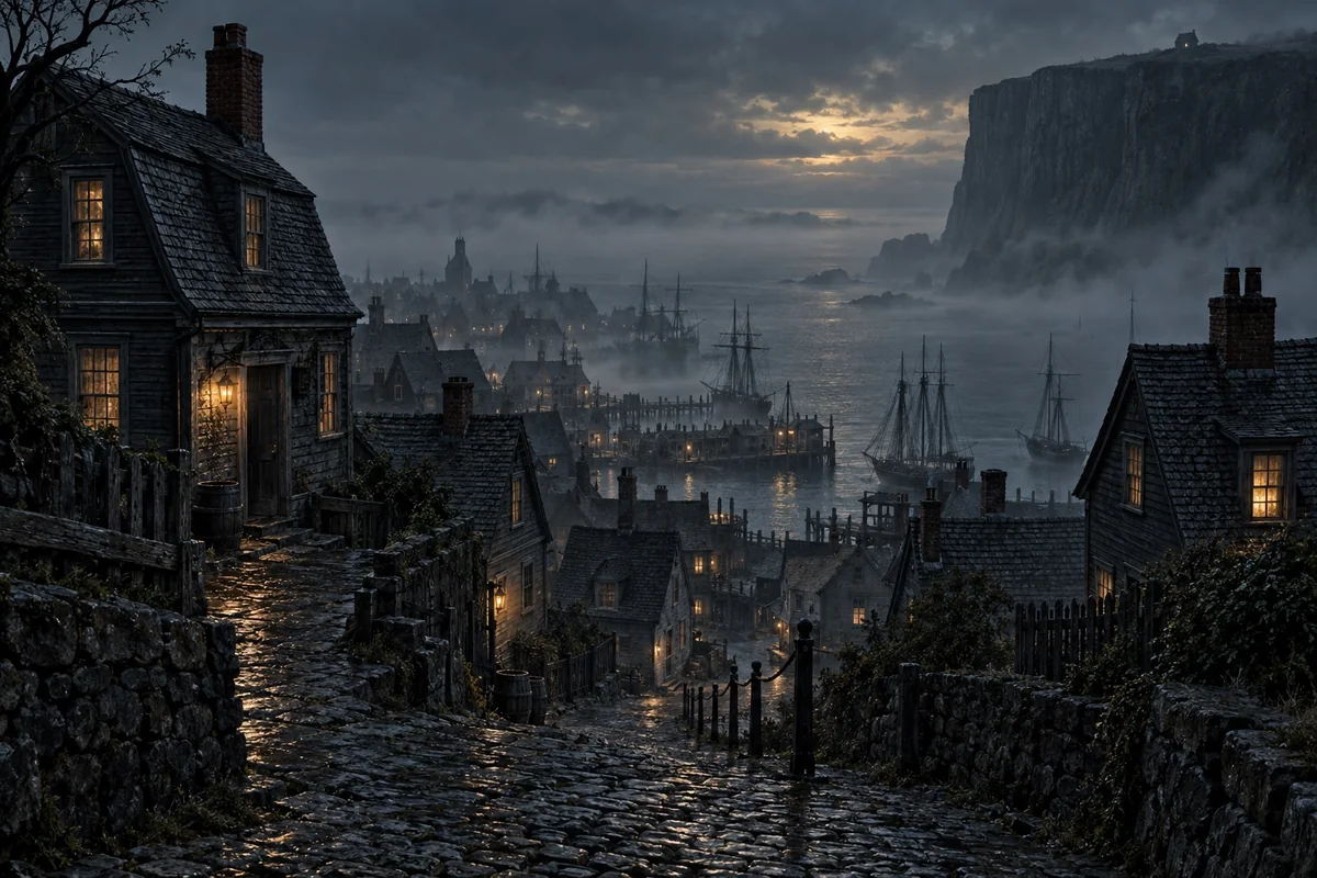 Steep cobbled lanes and weathered wooden houses descend toward a misty harbor below a distant cliff-top cottage.