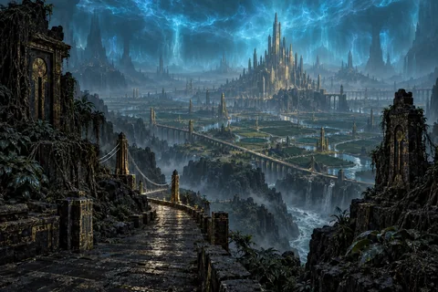 A basalt road overlooks a vast blue-lit subterranean plain and the immense golden towers of Tsath.