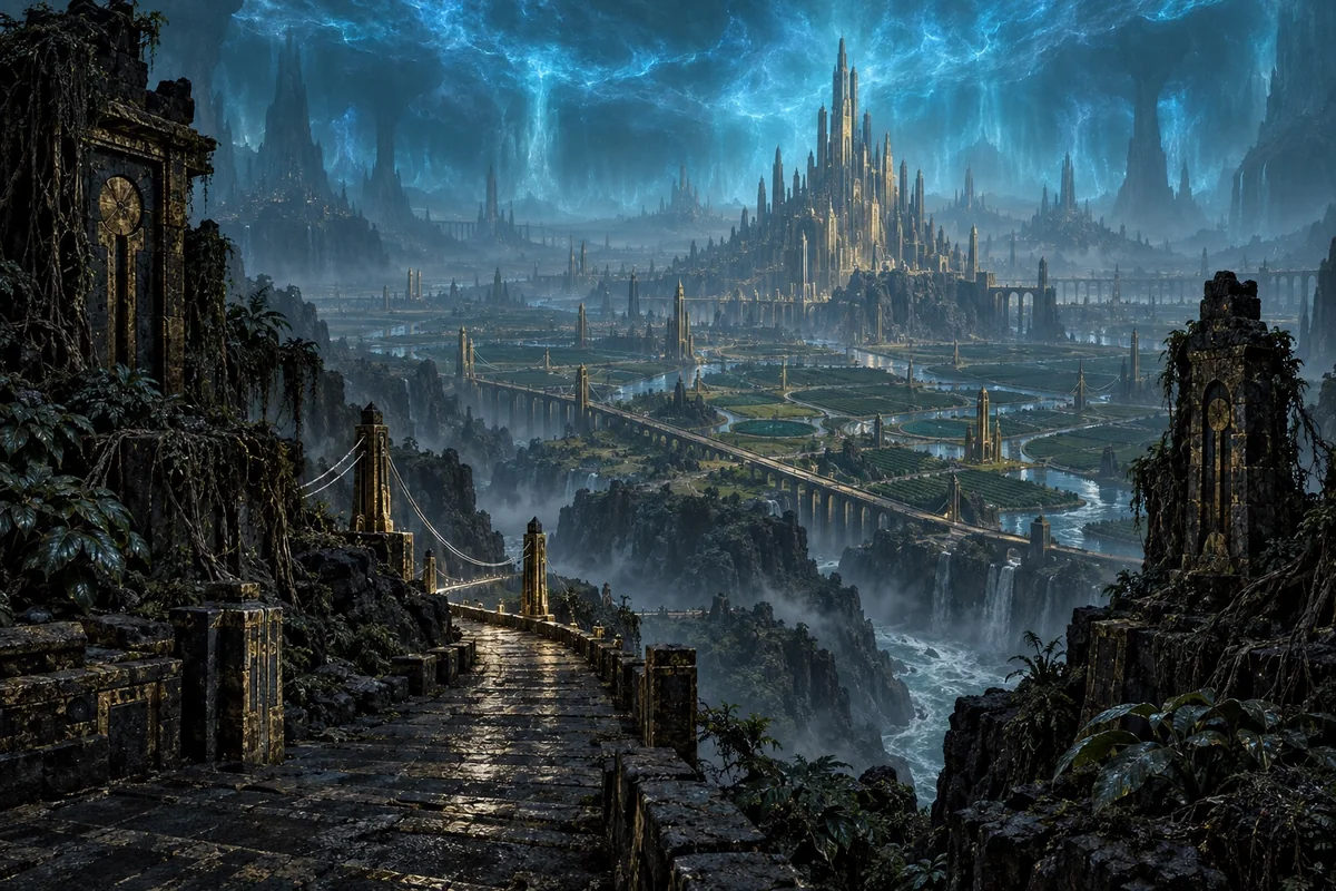 A basalt road overlooks a vast blue-lit subterranean plain and the immense golden towers of Tsath.