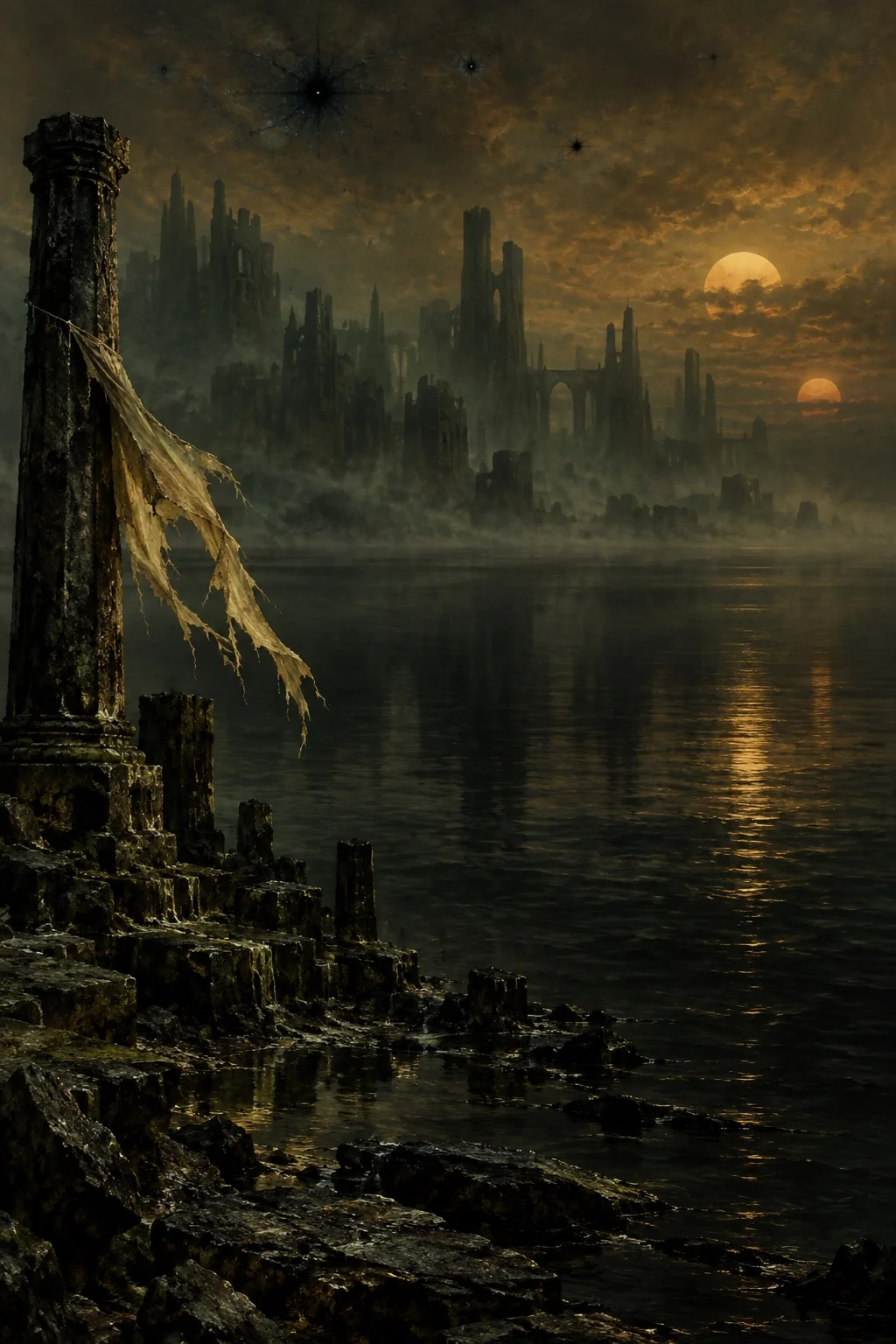 A still dark lake faces distant ruins under two dim suns, with torn yellow fabric on a foreground pillar.