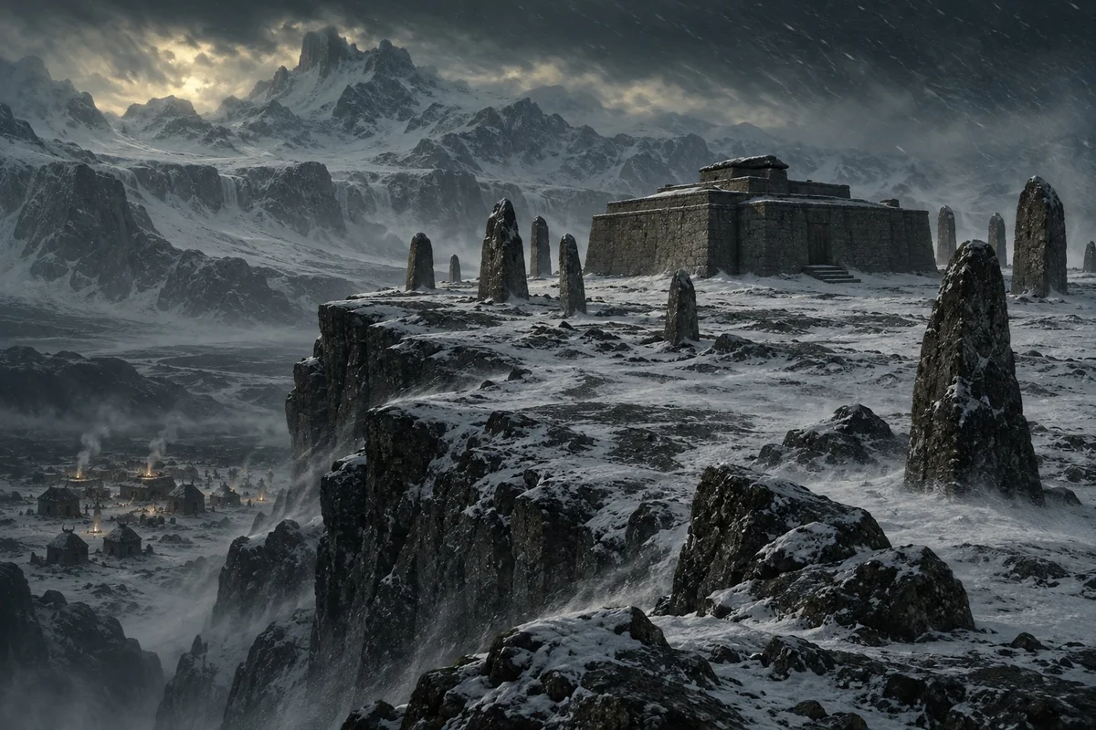 A low windowless monastery stands within rough monoliths on Leng’s cold plateau.