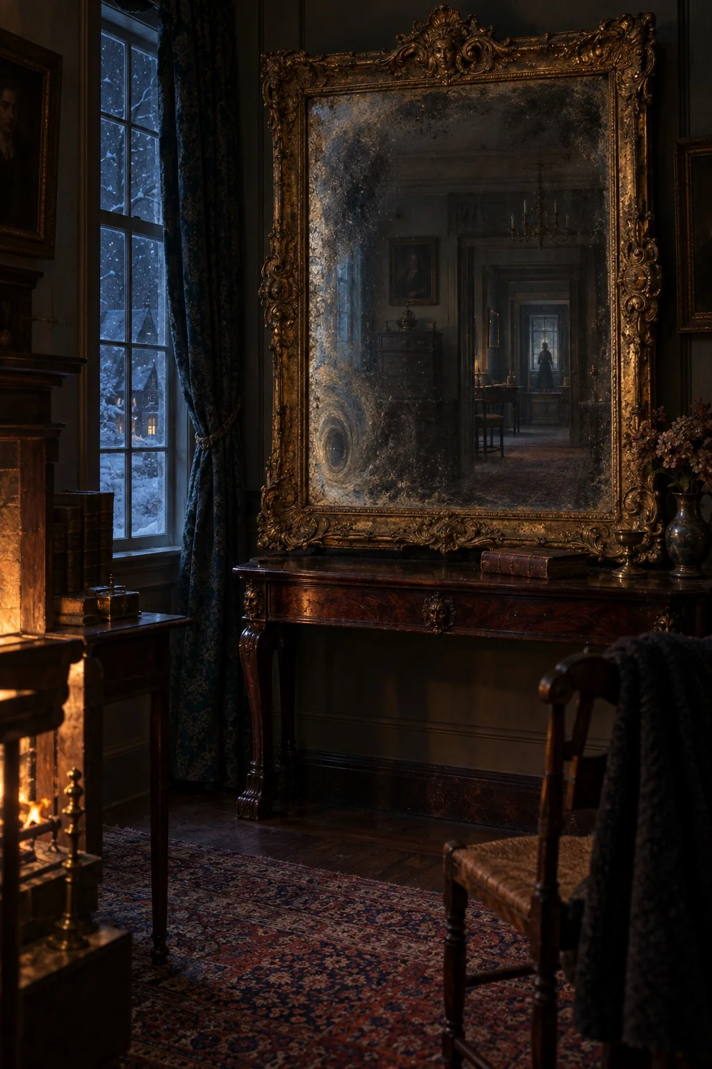 An ornate antique mirror on a rosewood console reveals an impossible succession of dim rooms, with whorls converging near one corner.