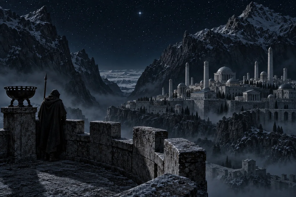 A solitary watchman stands beside an unlit beacon above a marble city between dark mountains under Polaris.