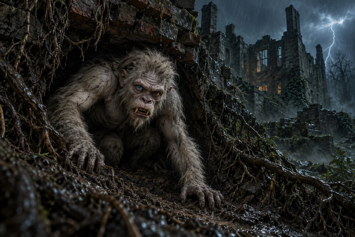 A pale, matted-furred, ape-like creature with one blue eye and one brown eye emerges from an earthen burrow beneath ruined masonry.