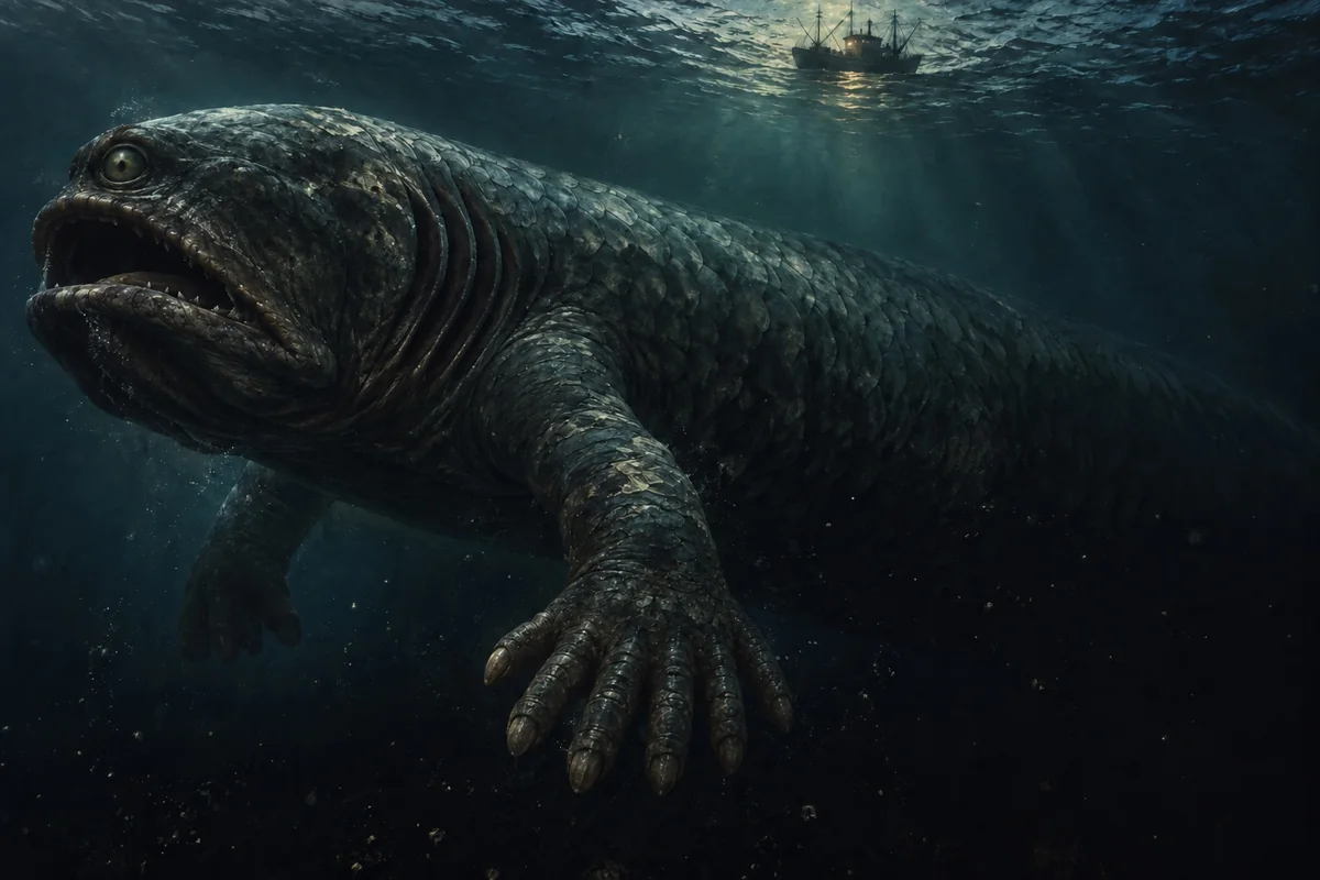 An enormous scaled marine creature with one eye, gills and a six-toed forefoot moves beneath a small fishing vessel in an imagined pre-capture scene.