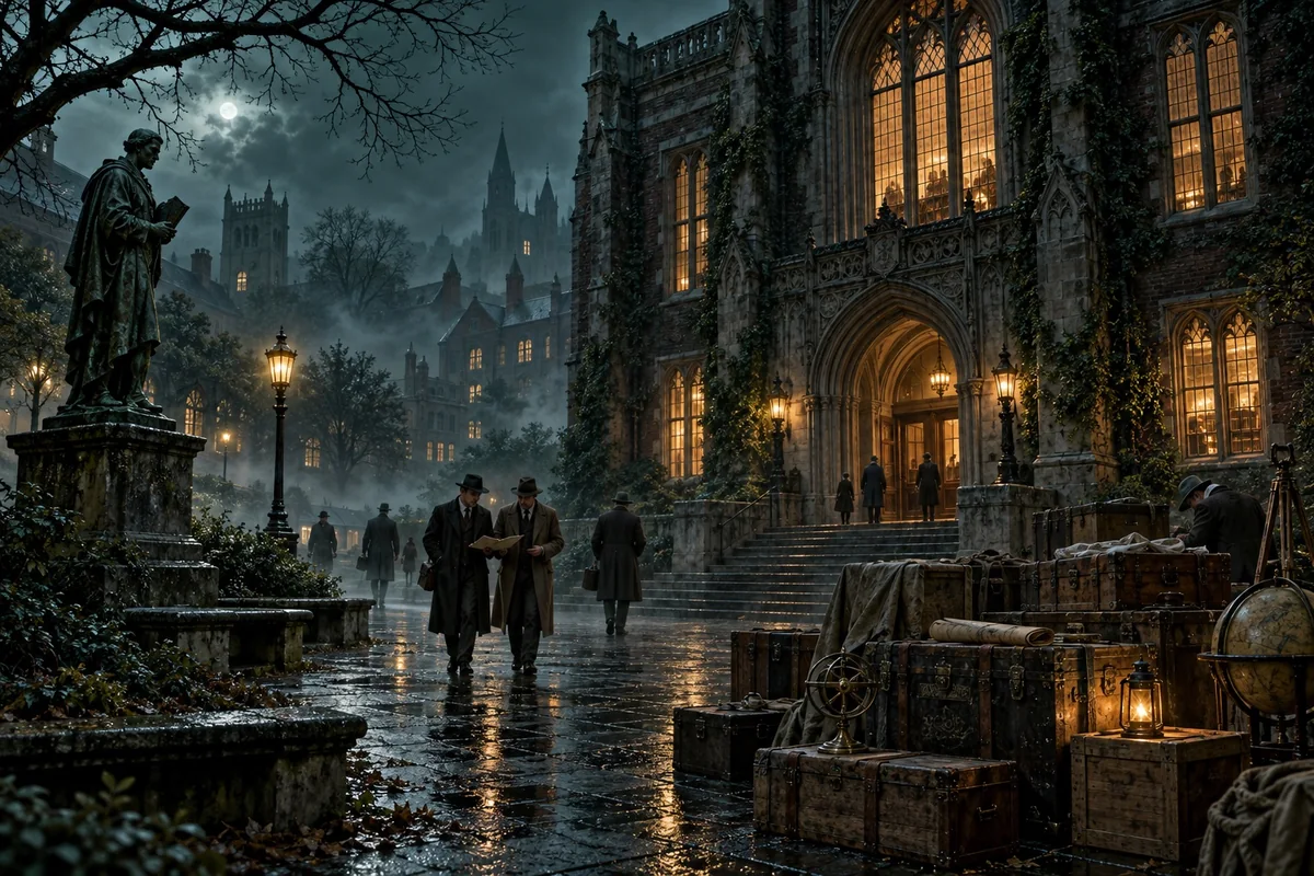 Miskatonic’s library and expedition courtyard on a rainy evening.