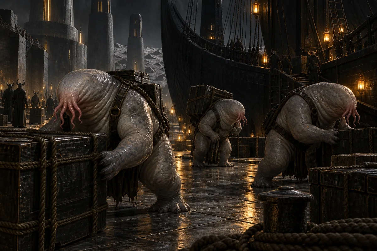 Eyeless pale moon-beasts unload a black galley at their lunar port.