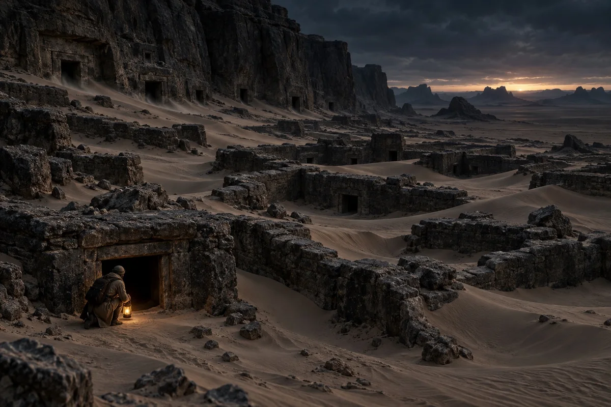 A traveler kneels at a low temple entrance among eroded ruins and windblown desert sand.