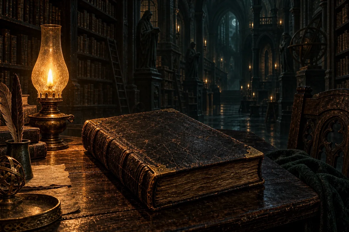 An imagined chamber of old volumes and forbidden learning, lit in amber.