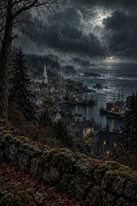 An imagined old coastal settlement beneath immense storm clouds, with woodland, a church and dark Atlantic water.