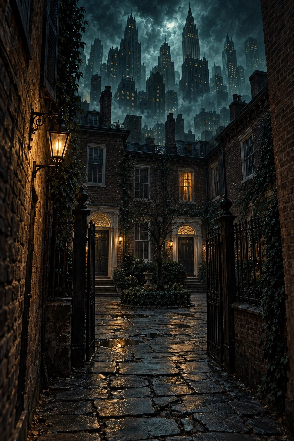 An imagined Greenwich Village courtyard lies beneath an exaggerated, looming night skyline.