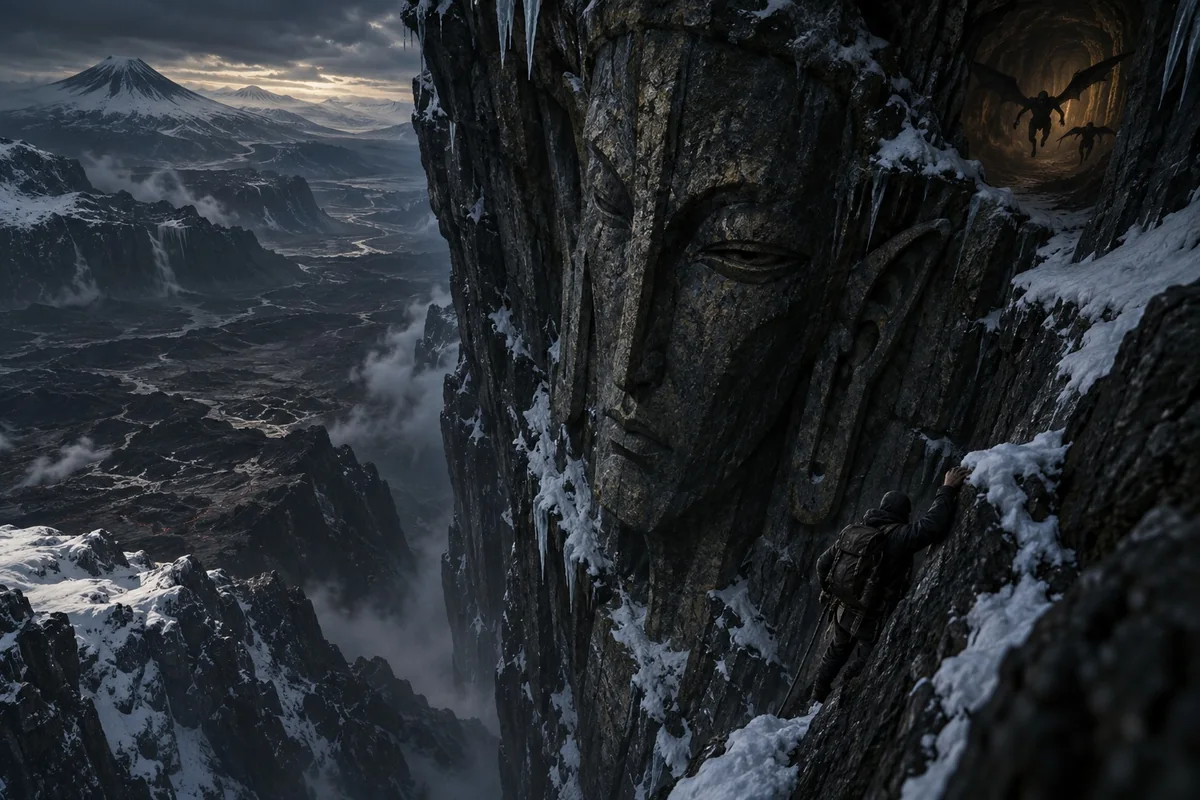 A tiny climber reaches the immense carved face on Ngranek’s hidden cliff.