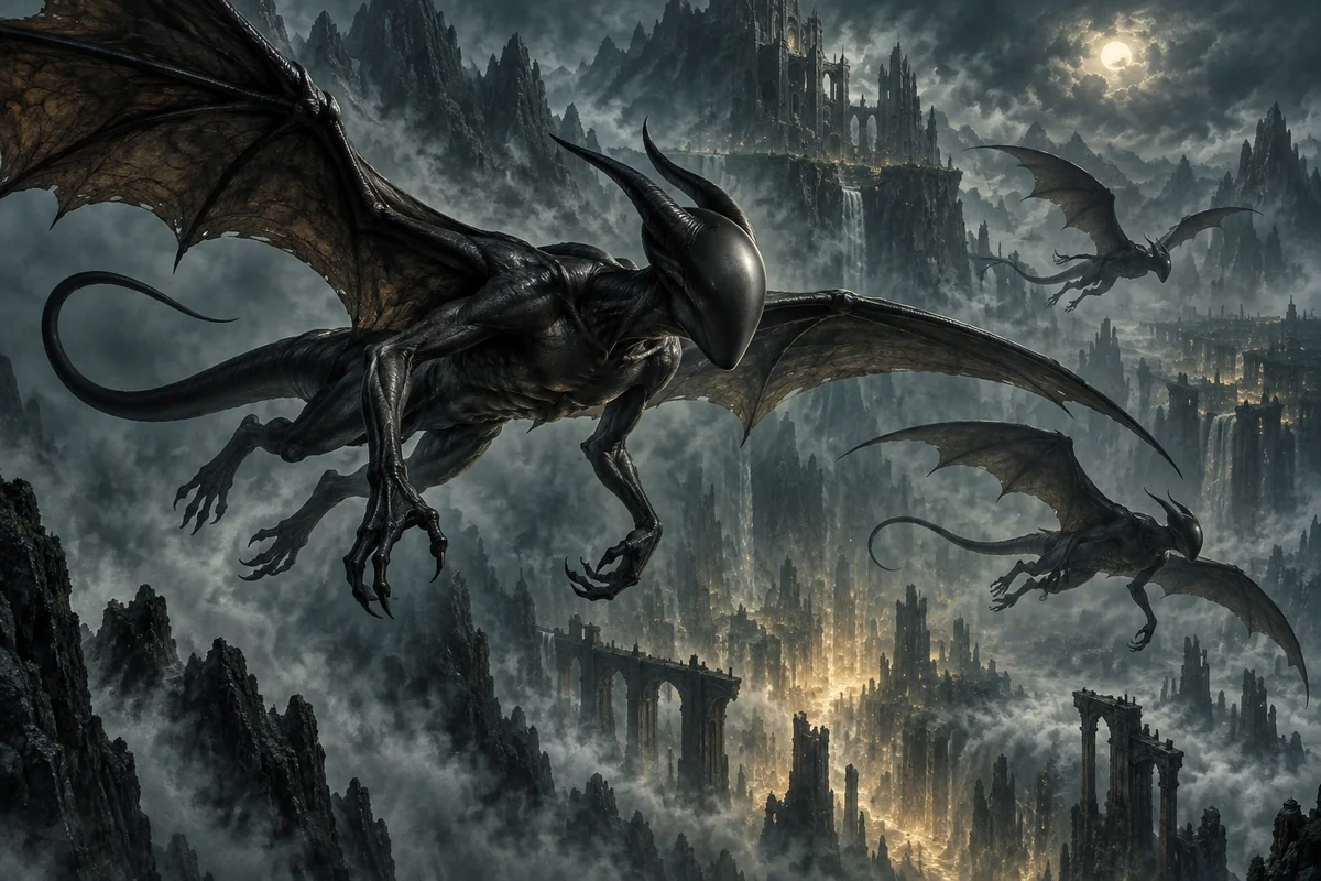 Faceless winged night-gaunts crossing an abyss in the Dreamlands.