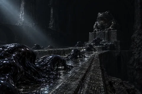 A cold searchlight reveals black shapeless organisms moving along stone channels toward an onyx toad idol in a lightless cavern.