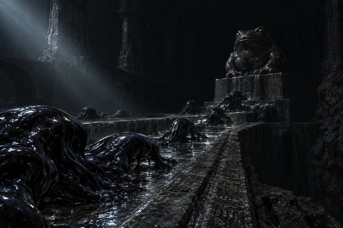 A cold searchlight reveals black shapeless organisms moving along stone channels toward an onyx toad idol in a lightless cavern.