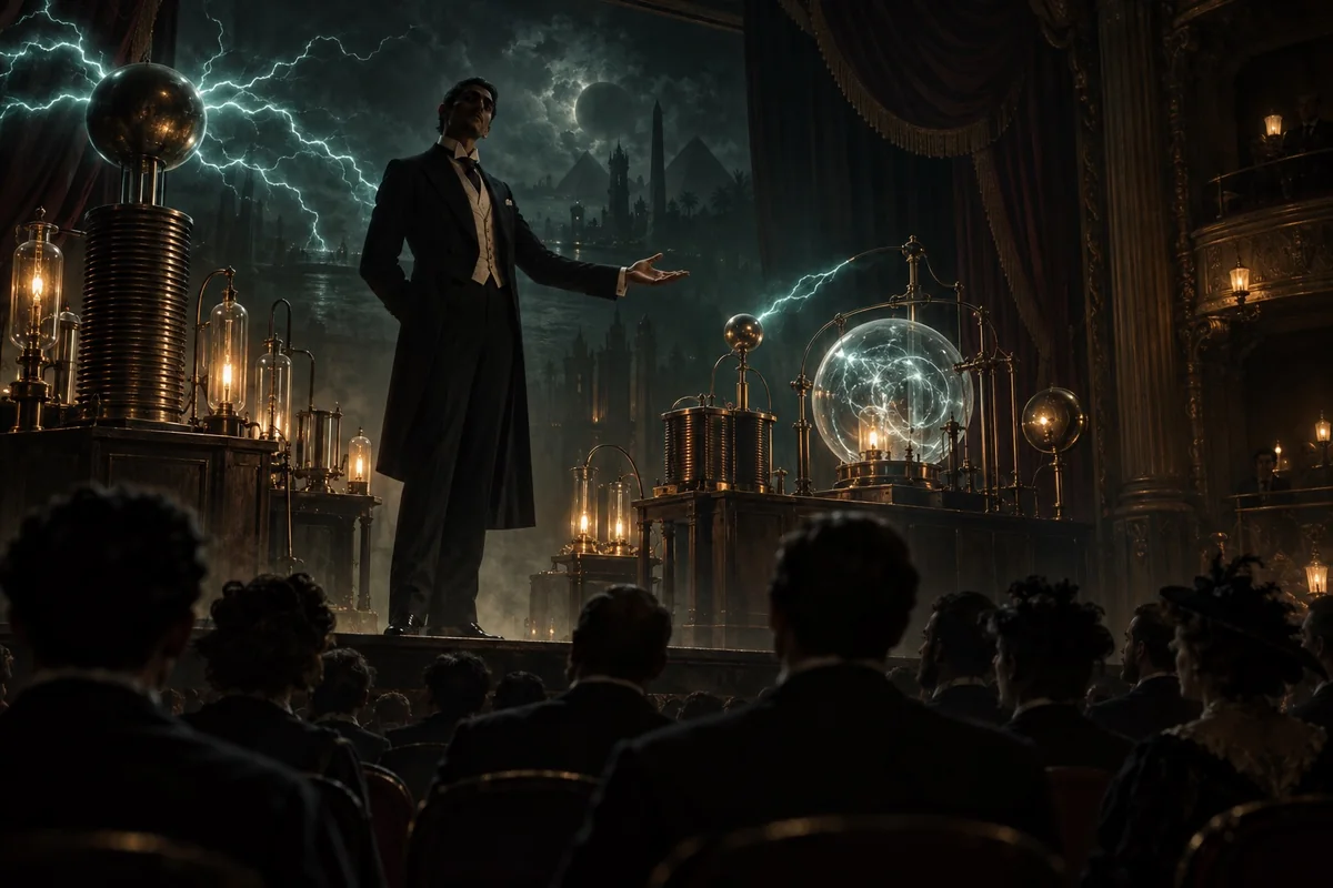 A human-form Nyarlathotep presents uncanny apparatus to an audience.
