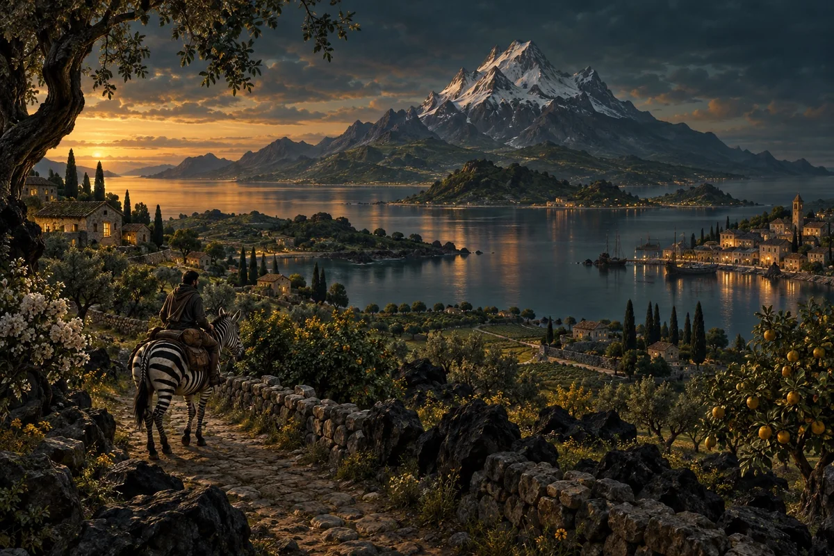 A rider on a zebra follows Lake Yath toward Oriab’s snowy volcanic mountain.