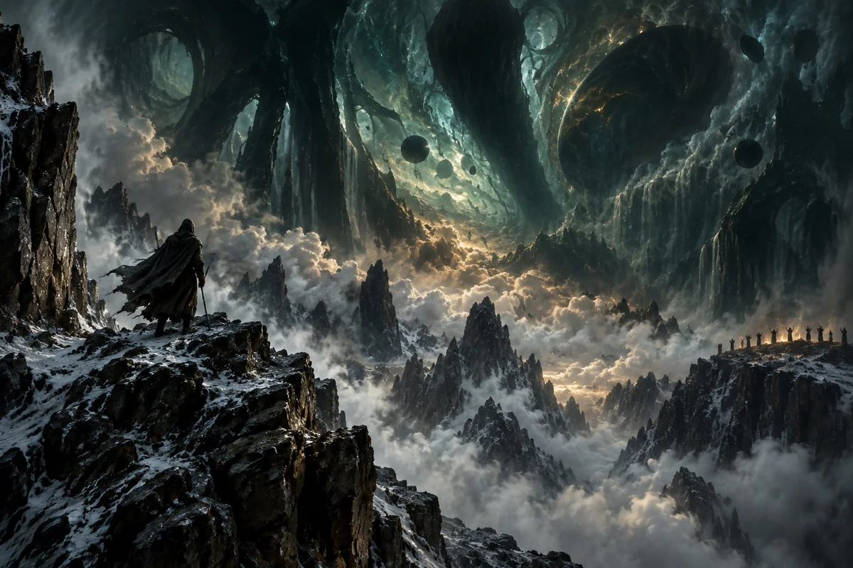 A mountaineer confronts overwhelming cosmic forces above Hatheg-Kla.