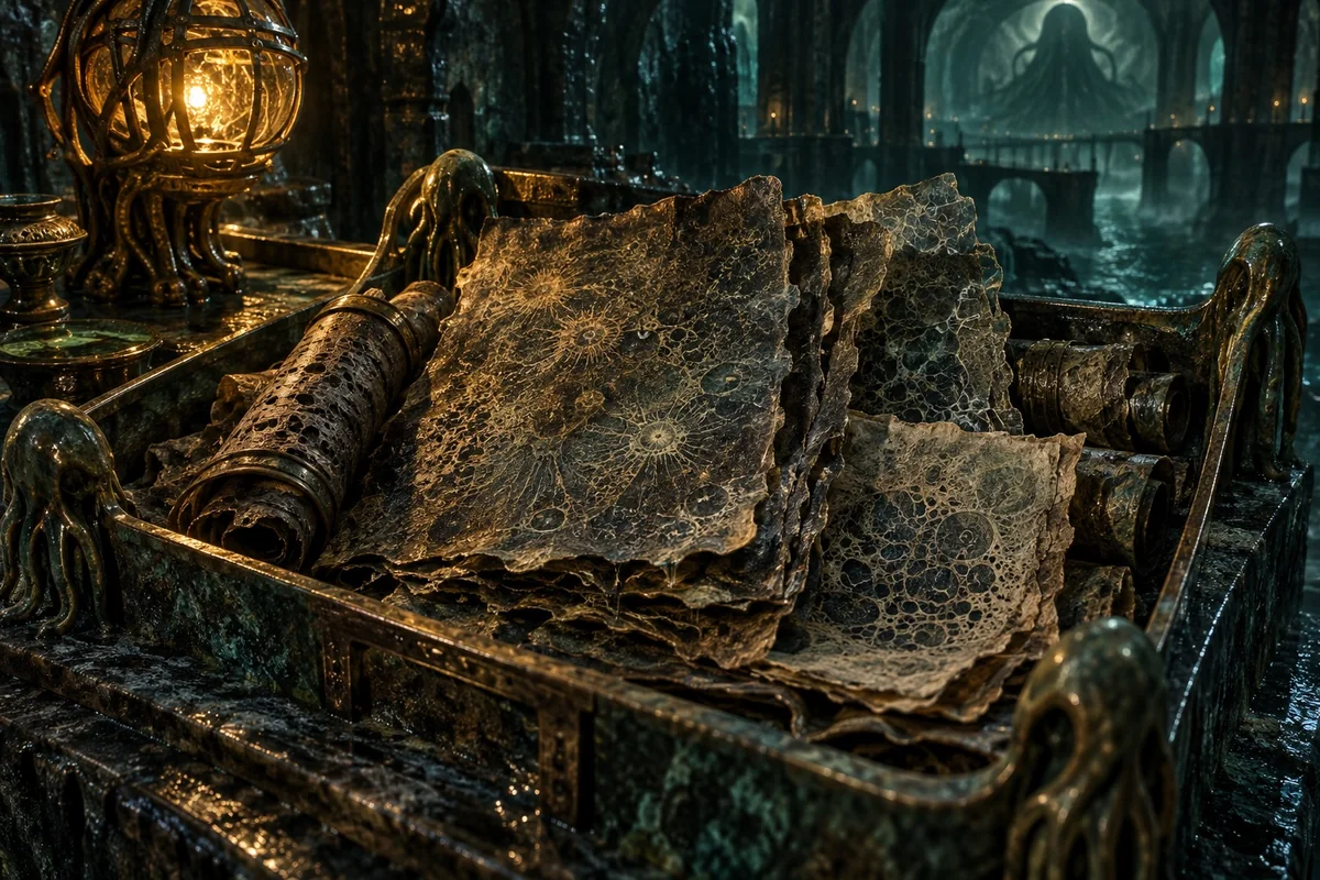 Prehuman manuscript fragments lie preserved in an ancient archive.