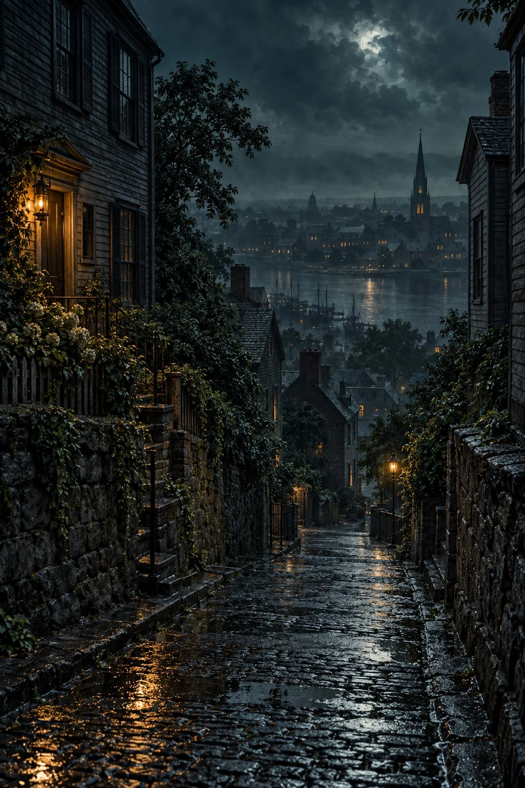 An imagined steep street between old wooden houses overlooks roofs and water at night.