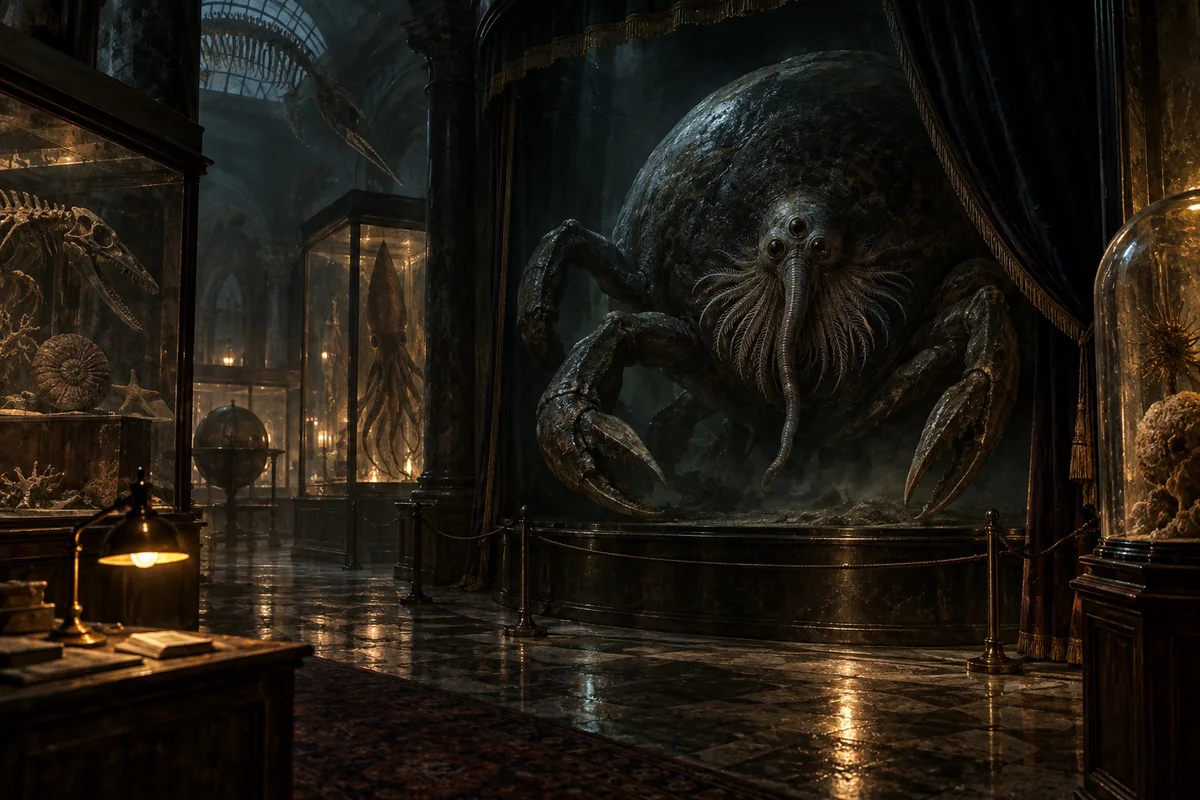 An ancient alien specimen stirs behind a museum display curtain.