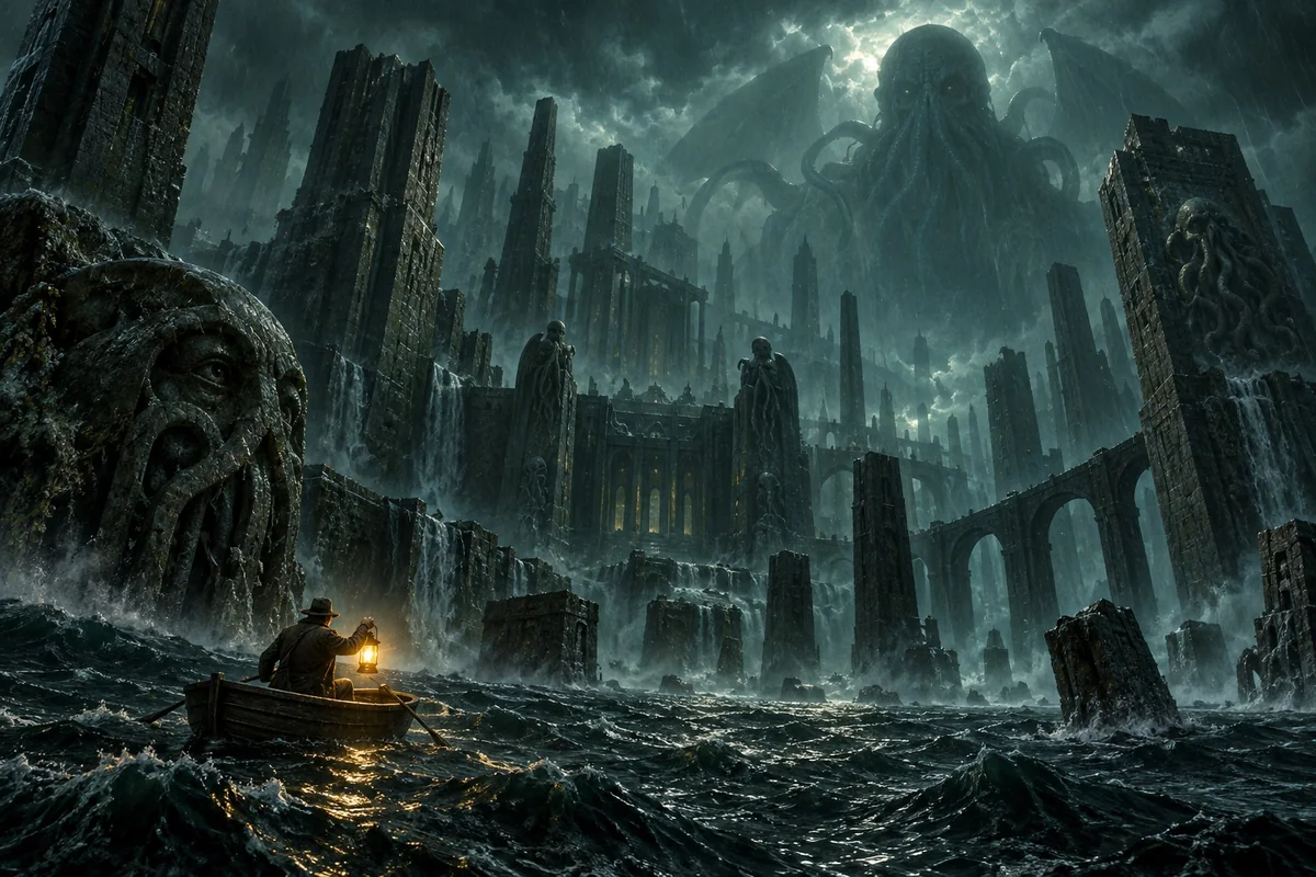 A lone traveler faces immense flooded ruins and a distant Cthulhu-like presence.