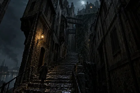 A lone student climbs an almost vertical alley of leaning old houses toward an ivy-covered wall and a faintly lit garret window.