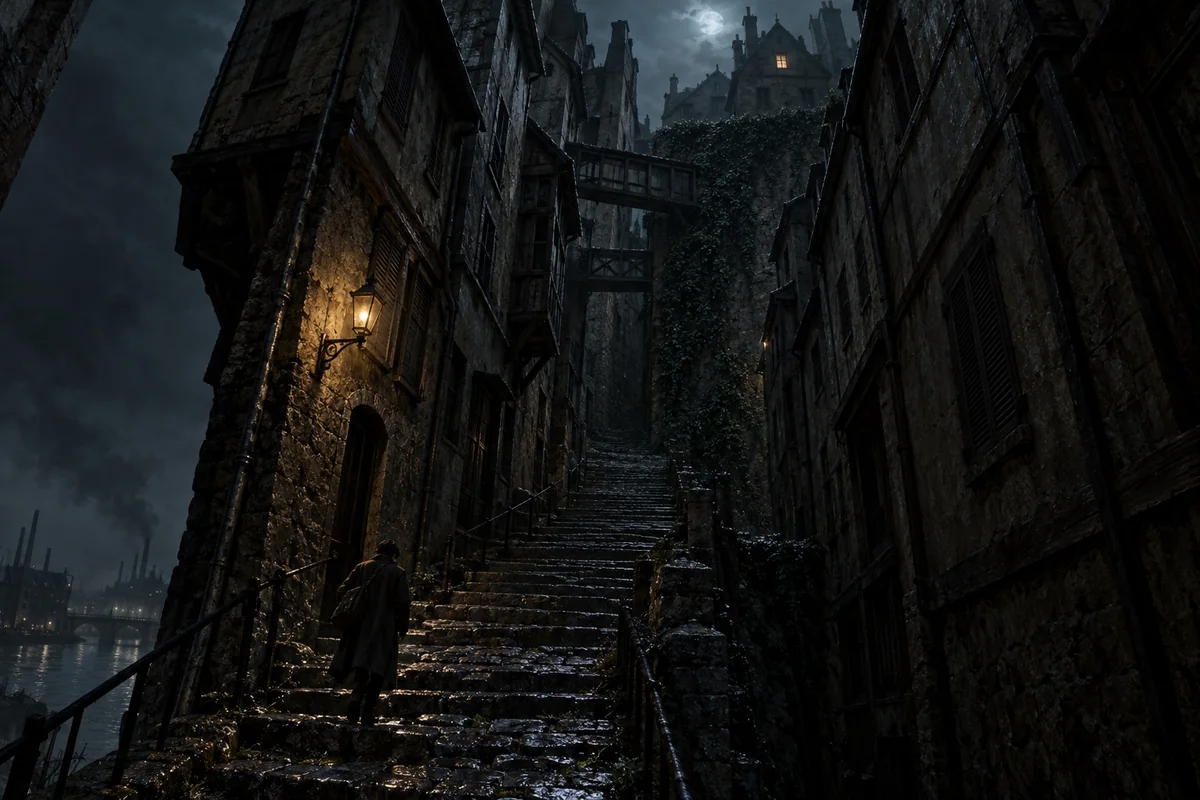 A lone student climbs an almost vertical alley of leaning old houses toward an ivy-covered wall and a faintly lit garret window.