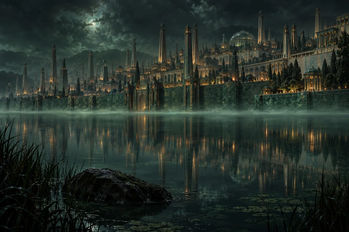 An immense illuminated city rises behind a green lakefront wall as unnatural mist gathers above still water.